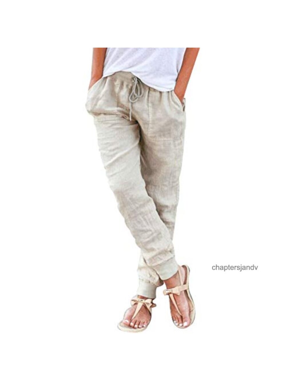 Cotton Linen Tapered Pants Petite Summer Casual Beach Drawstring